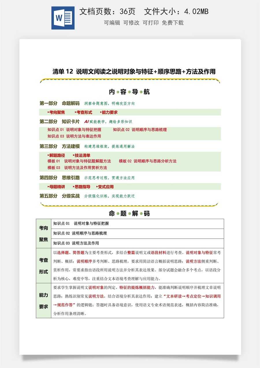 初中-语文-中考语文-二轮复习知识点-清单12 说明文阅读之说明对象特征+顺序思路+方法及作用（知识·方法·能力清单）（学生版）.docx
